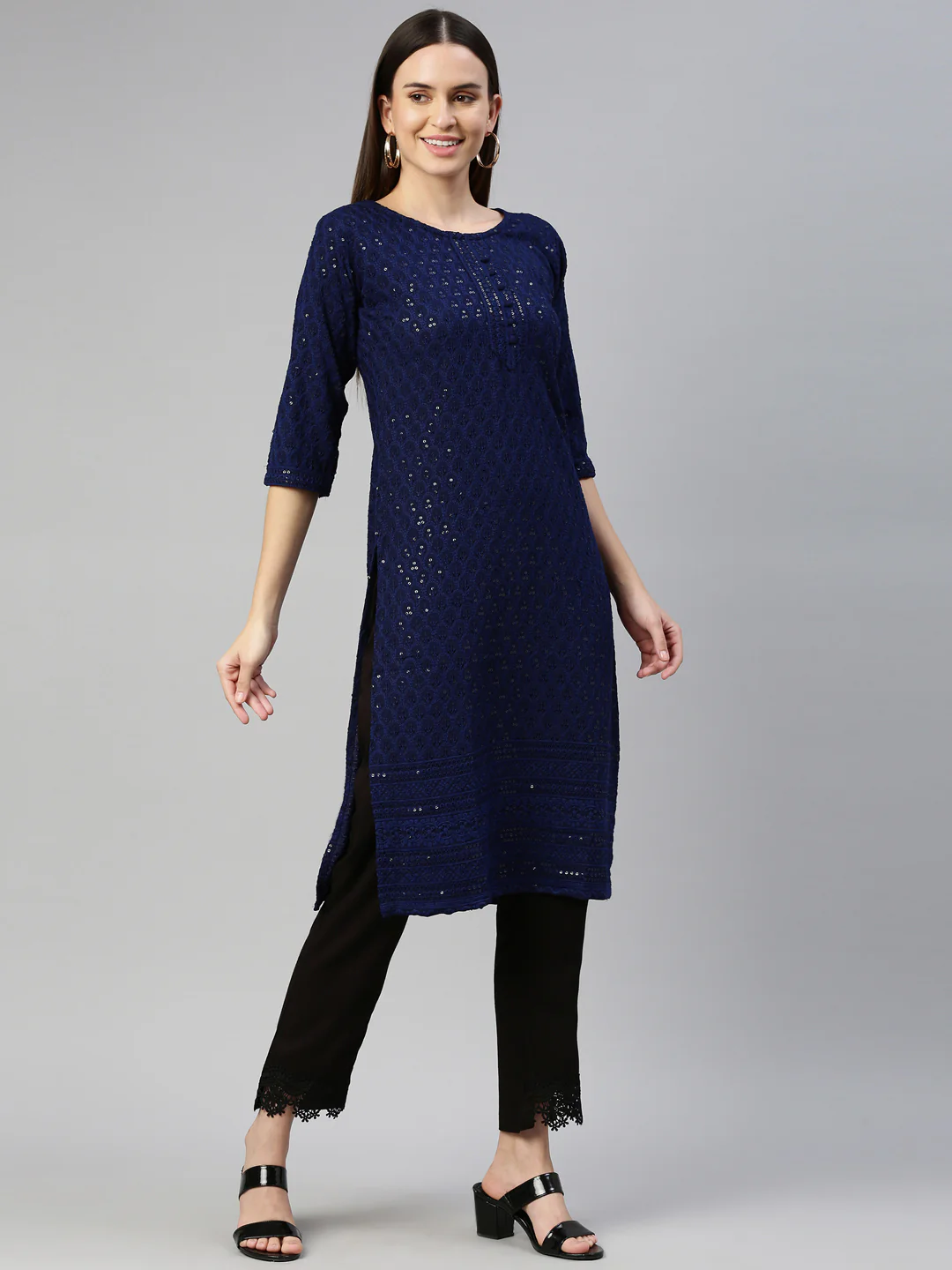 Neerus Navy Blue Color Chiken Fabric Kurta - Image 4