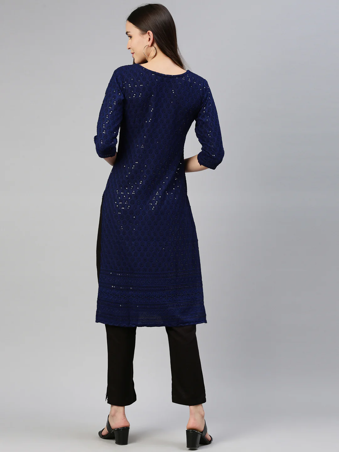 Neerus Navy Blue Color Chiken Fabric Kurta - Image 5