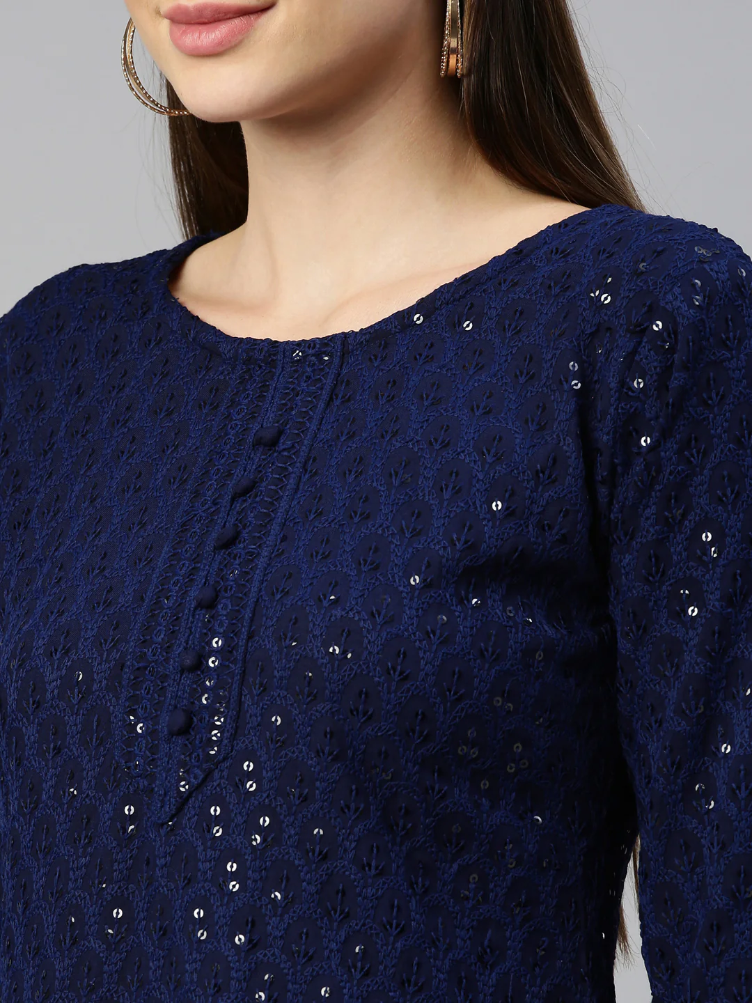 Neerus Navy Blue Color Chiken Fabric Kurta - Image 8