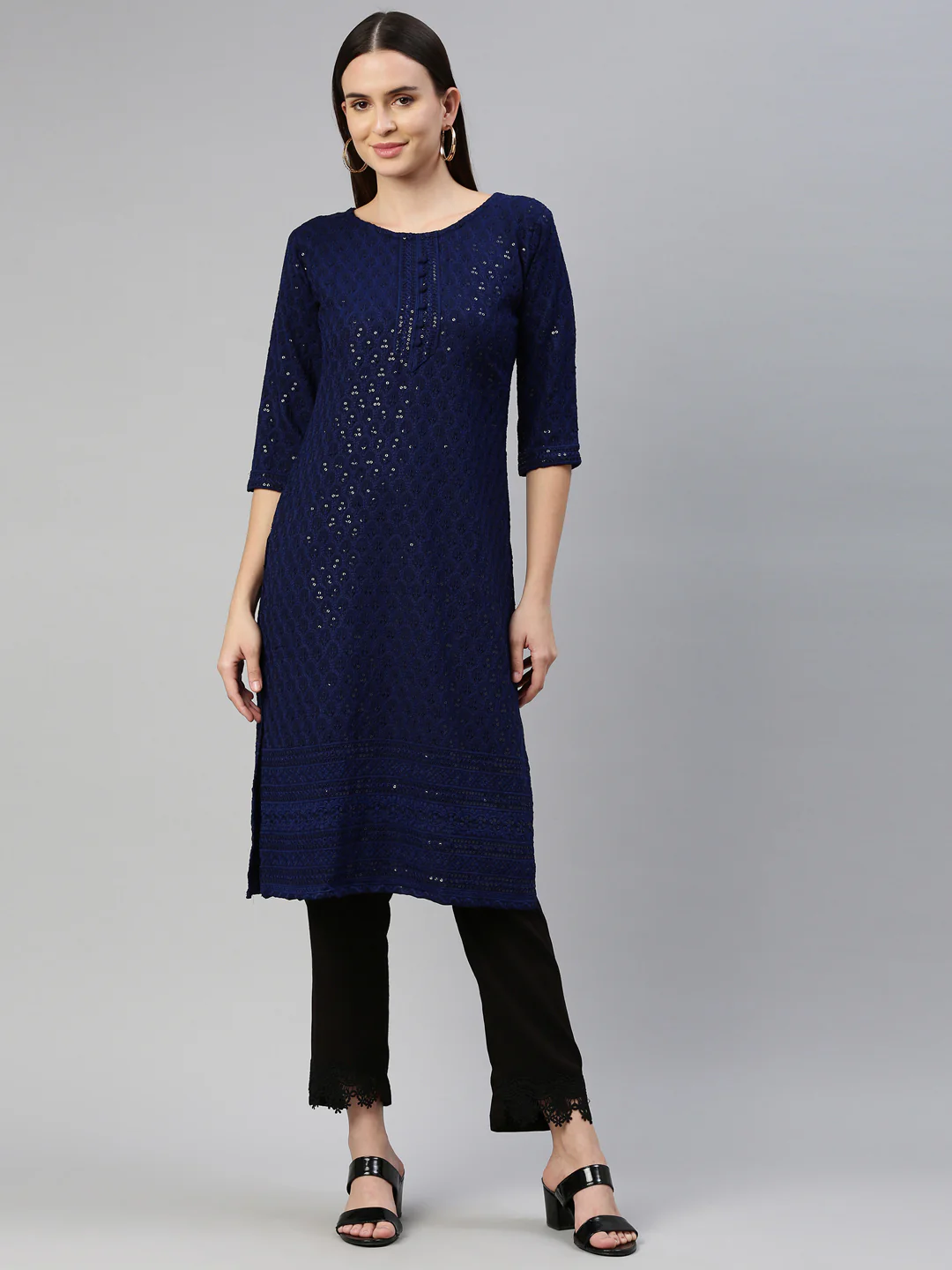 Neerus Navy Blue Color Chiken Fabric Kurta - Image 9
