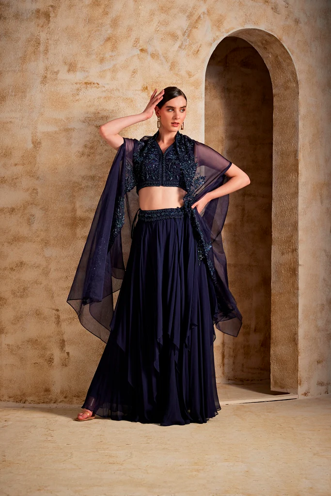 Neerus Navy Blue Color Organza Fabric Fusion Set