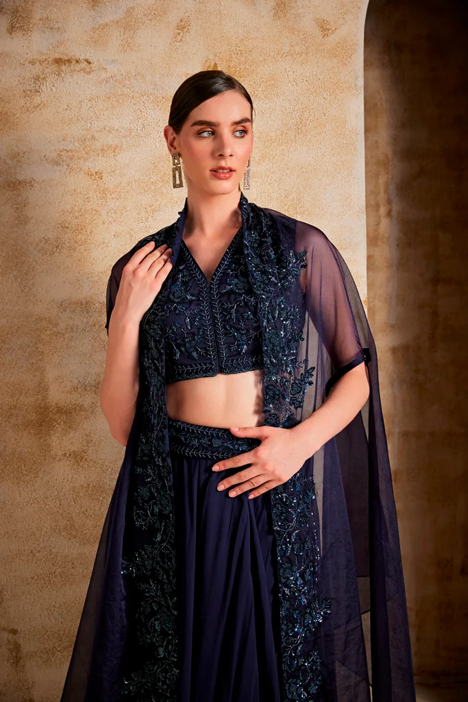 Neerus Navy Blue Color Organza Fabric Fusion Set - Image 2