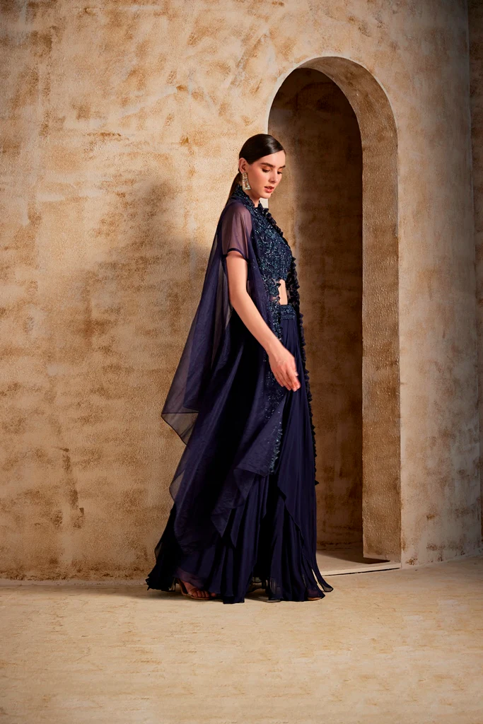 Neerus Navy Blue Color Organza Fabric Fusion Set - Image 3