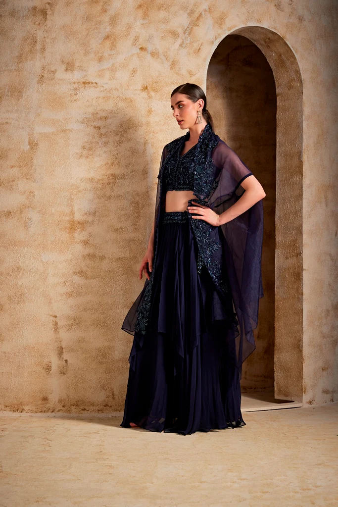 Neerus Navy Blue Color Organza Fabric Fusion Set - Image 4