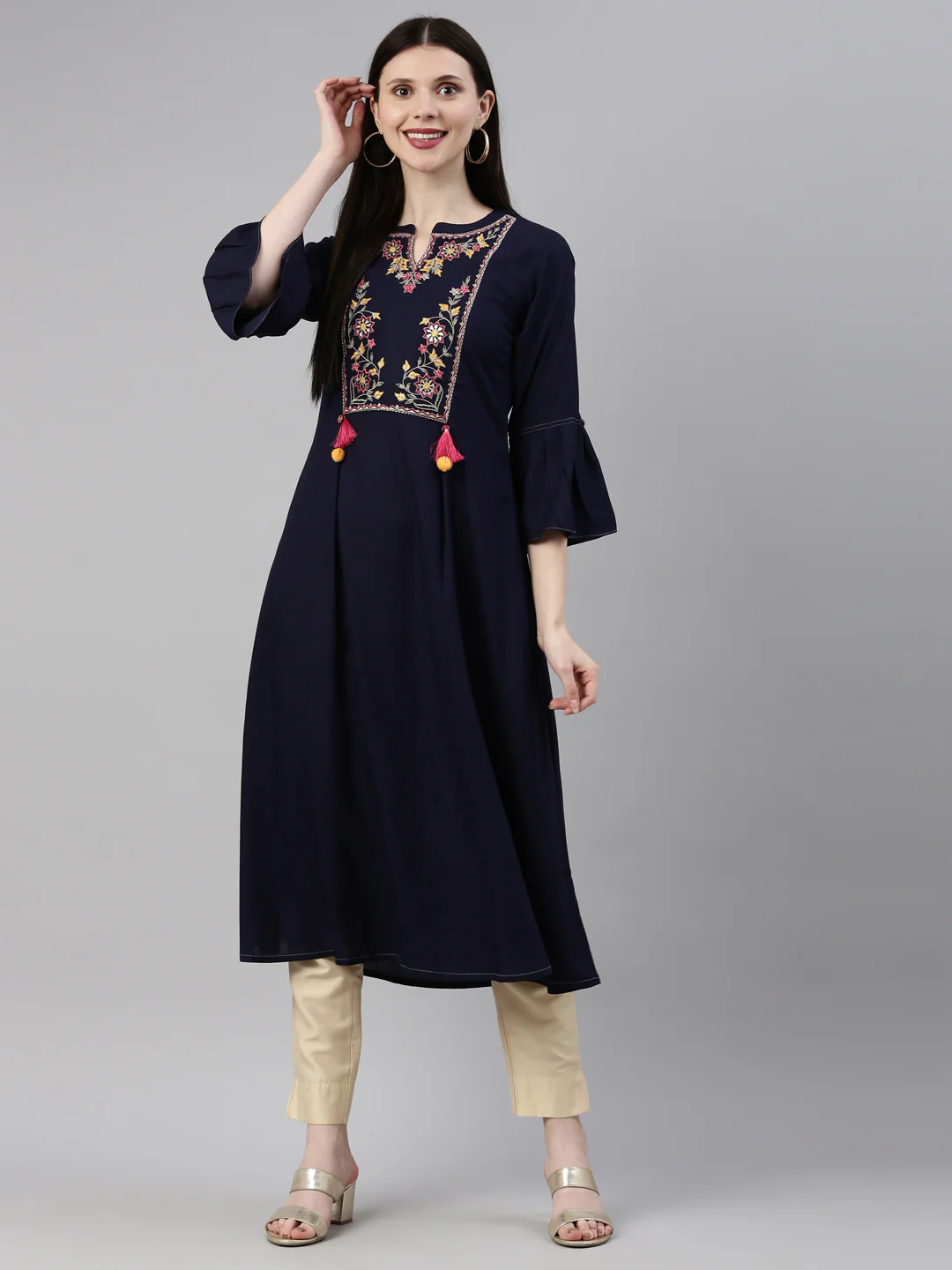 Neerus Navy Blue Color Rayon Fabric Kurta - Image 6