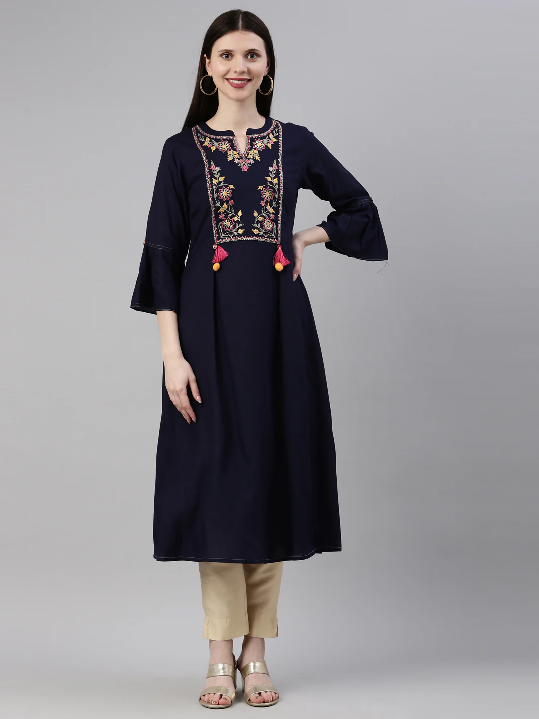 Neerus Navy Blue Color Rayon Fabric Kurta - Image 9