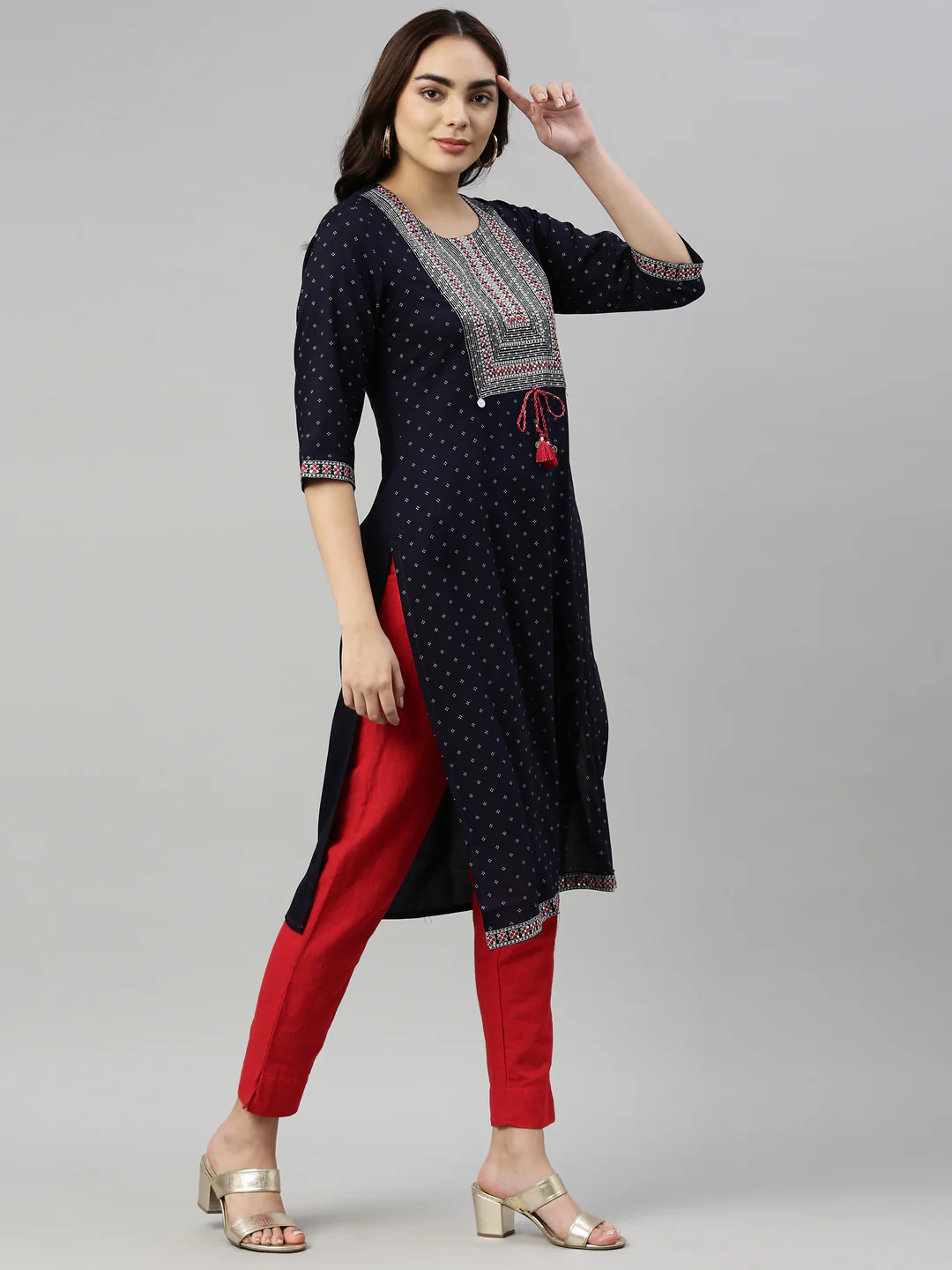 Neerus Navy Blue Color Rayon Fabric Kurta - Image 4