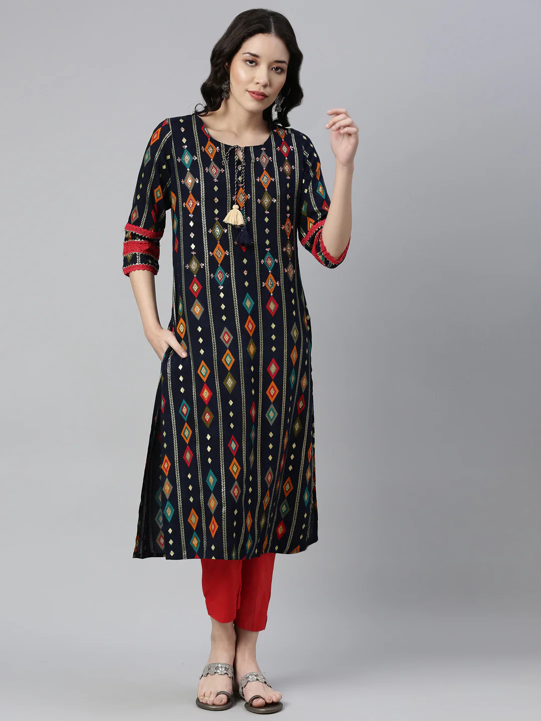 Neerus Navy Blue Color Rayon Fabric Kurta - Image 4