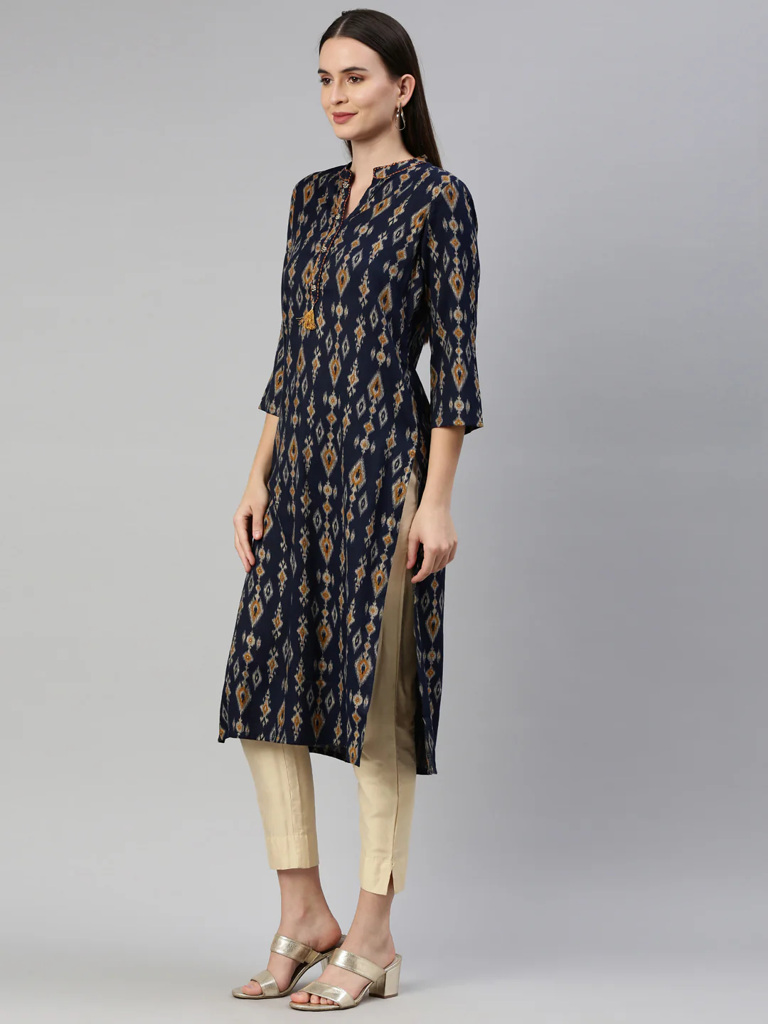 Neerus Navy Blue Color Rayon Fabric Kurta - Image 3