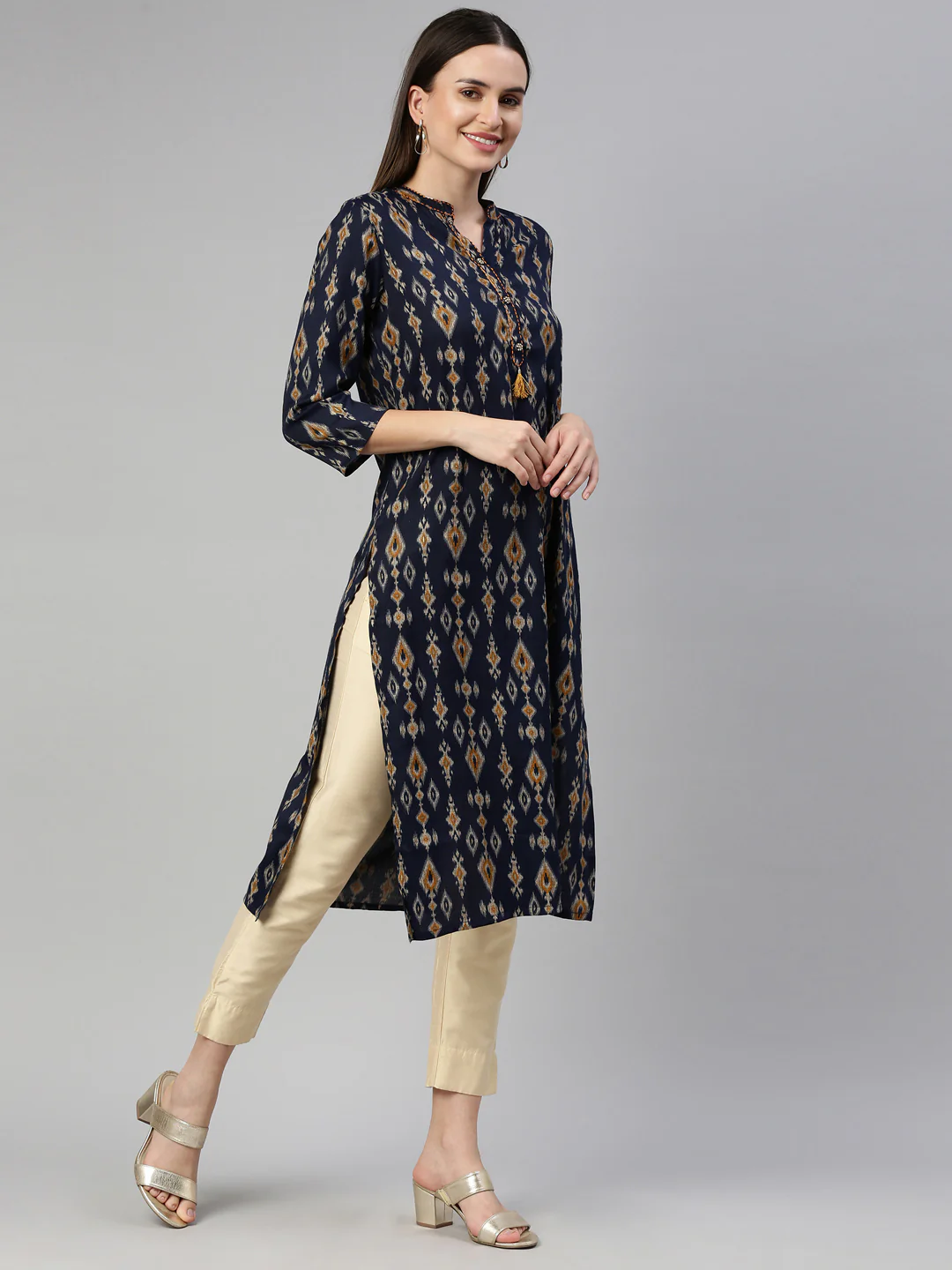 Neerus Navy Blue Color Rayon Fabric Kurta - Image 4
