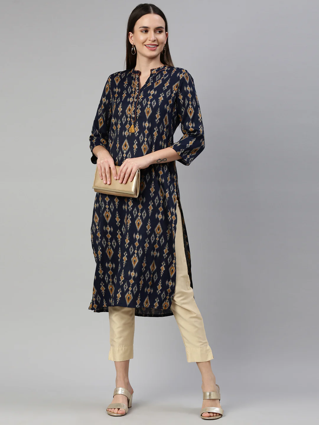 Neerus Navy Blue Color Rayon Fabric Kurta - Image 6
