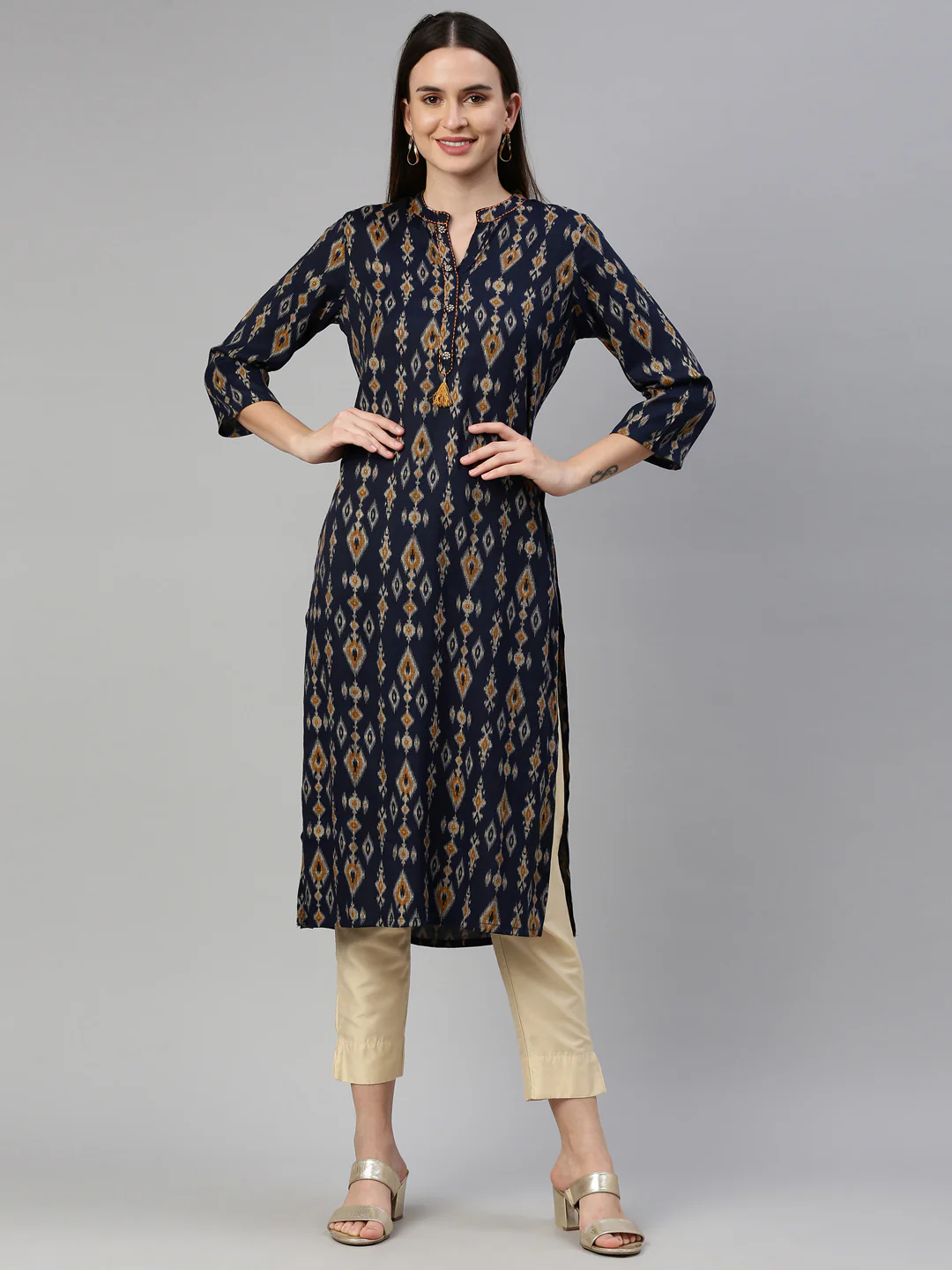 Neerus Navy Blue Color Rayon Fabric Kurta - Image 8