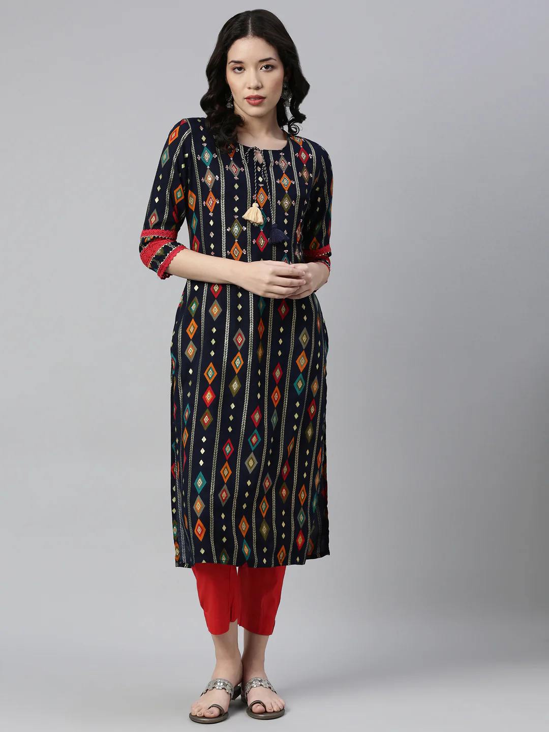 Neerus Navy Blue Color Rayon Fabric Kurta - Image 7