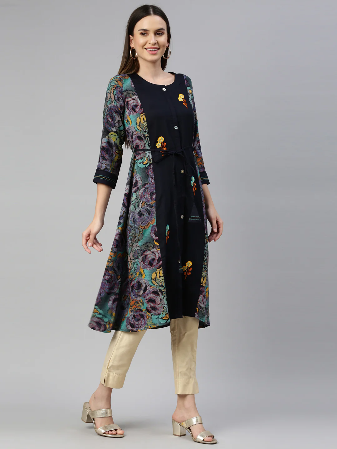 Neerus Navy Blue Color Rayon Fabric Kurta - Image 4