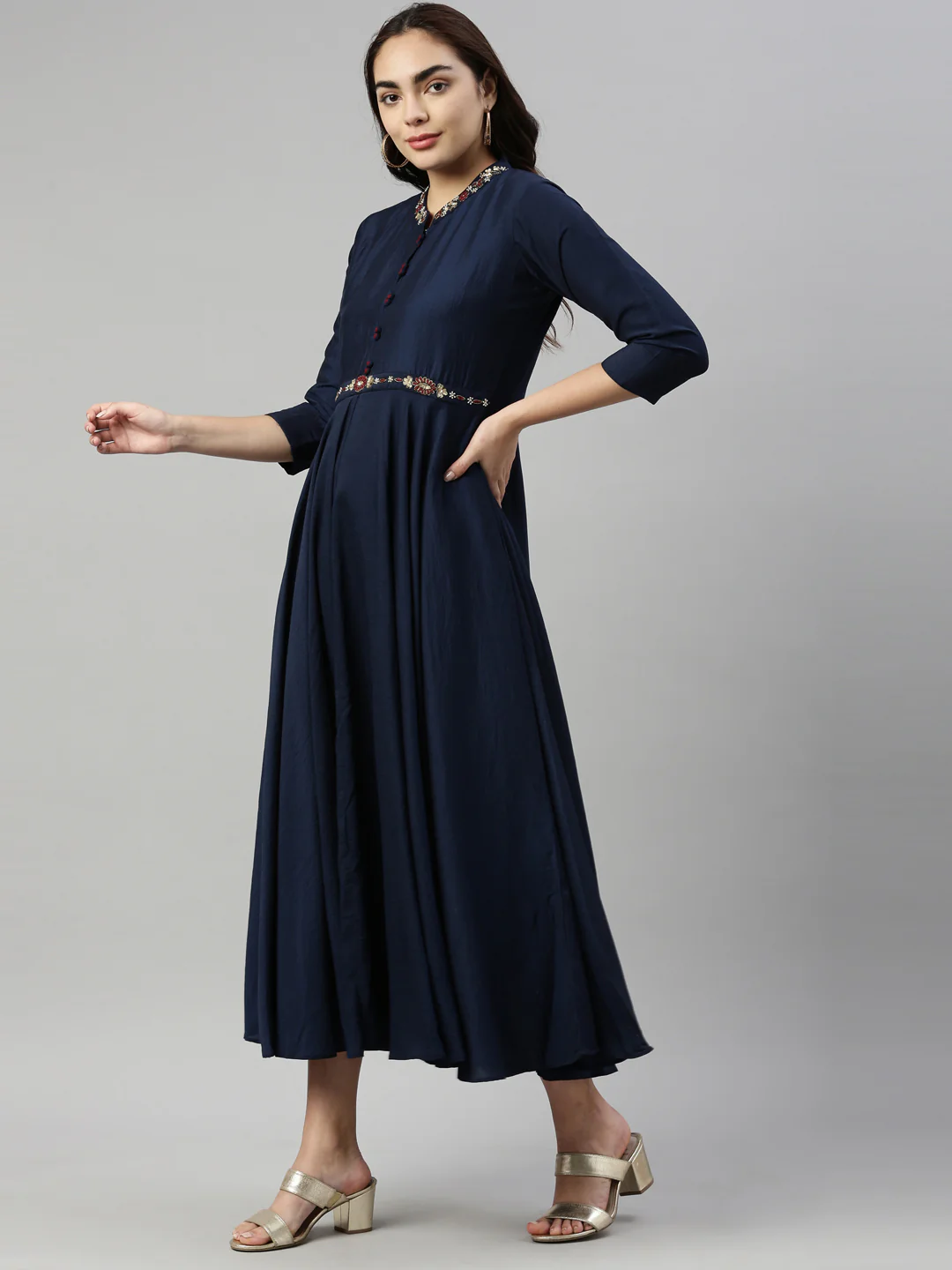 Neerus Navy Blue Color Silk Fabric Kurta - Image 3