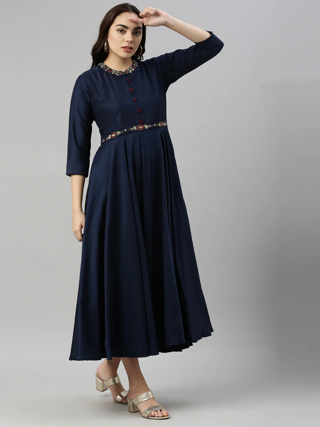 Neerus Navy Blue Color Silk Fabric Kurta - Image 4