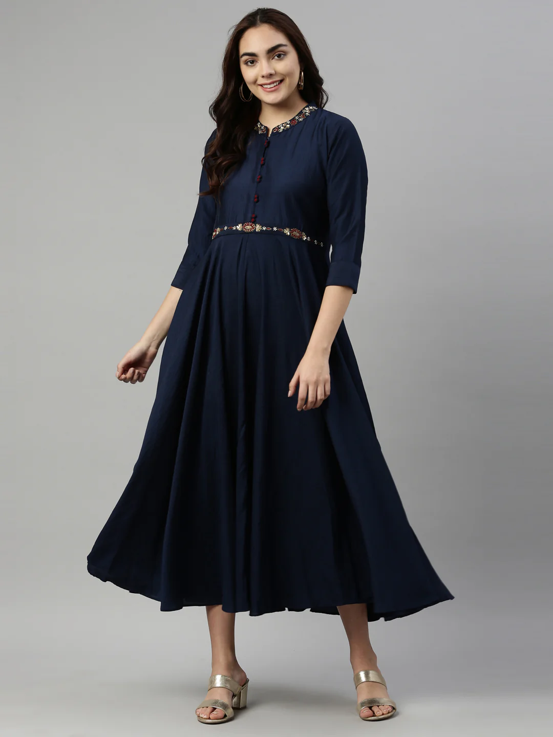 Neerus Navy Blue Color Silk Fabric Kurta - Image 6