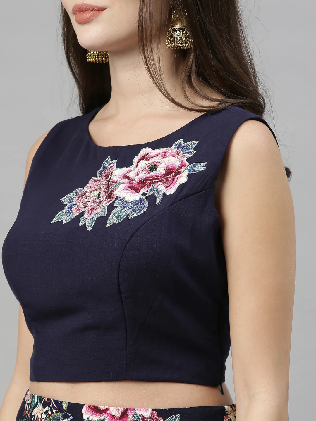 Neerus Navy Blue Color Slub Rayon Fabric Croptop-Skirt - Image 2