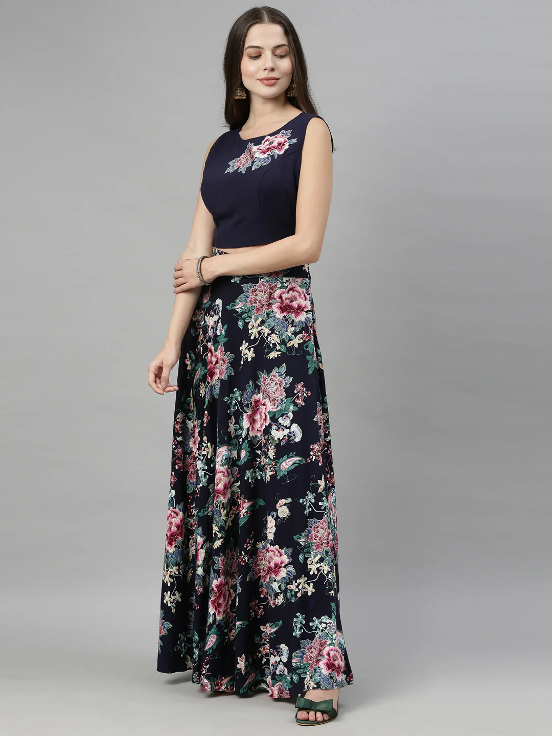 Neerus Navy Blue Color Slub Rayon Fabric Croptop-Skirt - Image 4