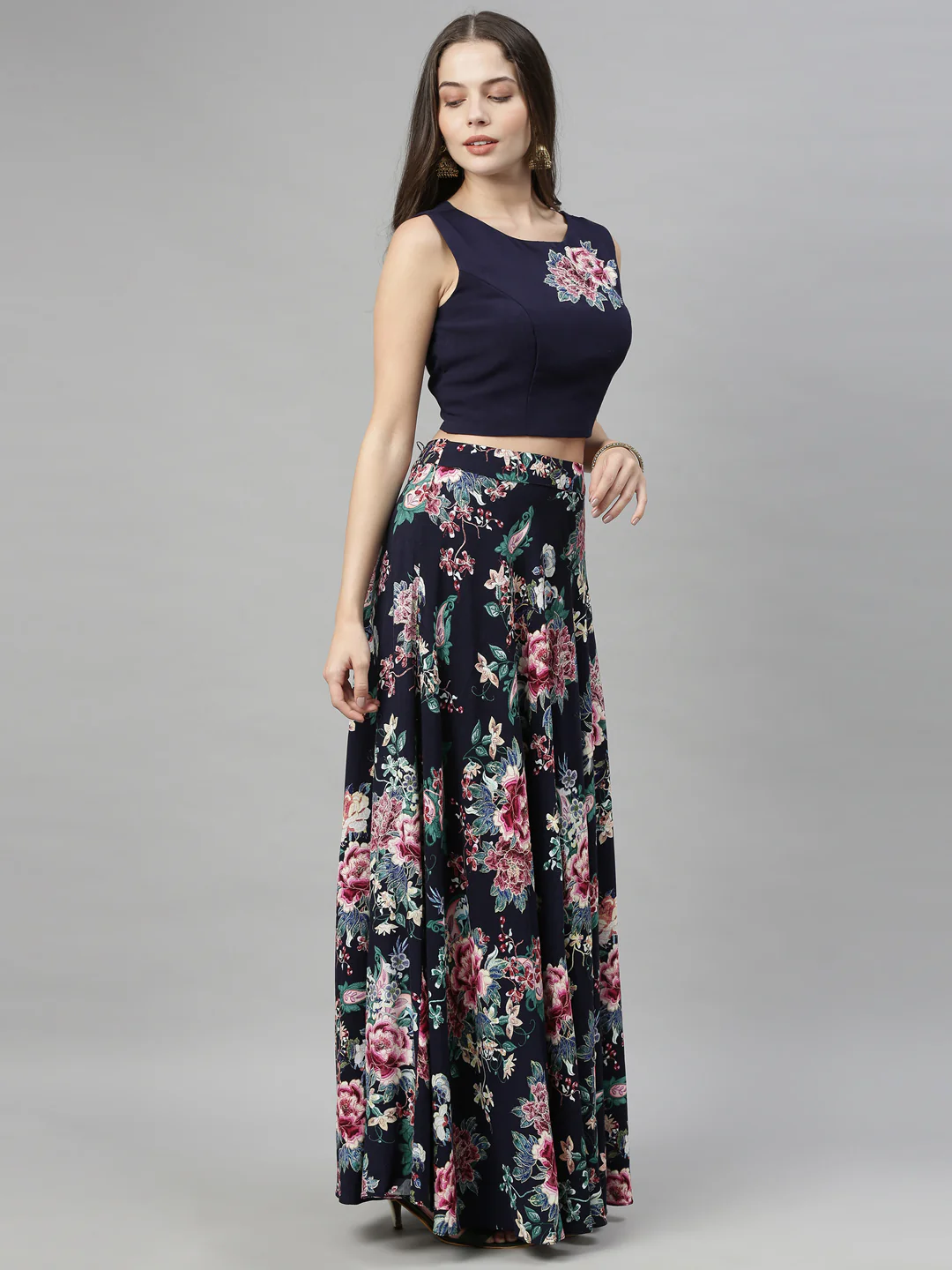 Neerus Navy Blue Color Slub Rayon Fabric Croptop-Skirt - Image 5