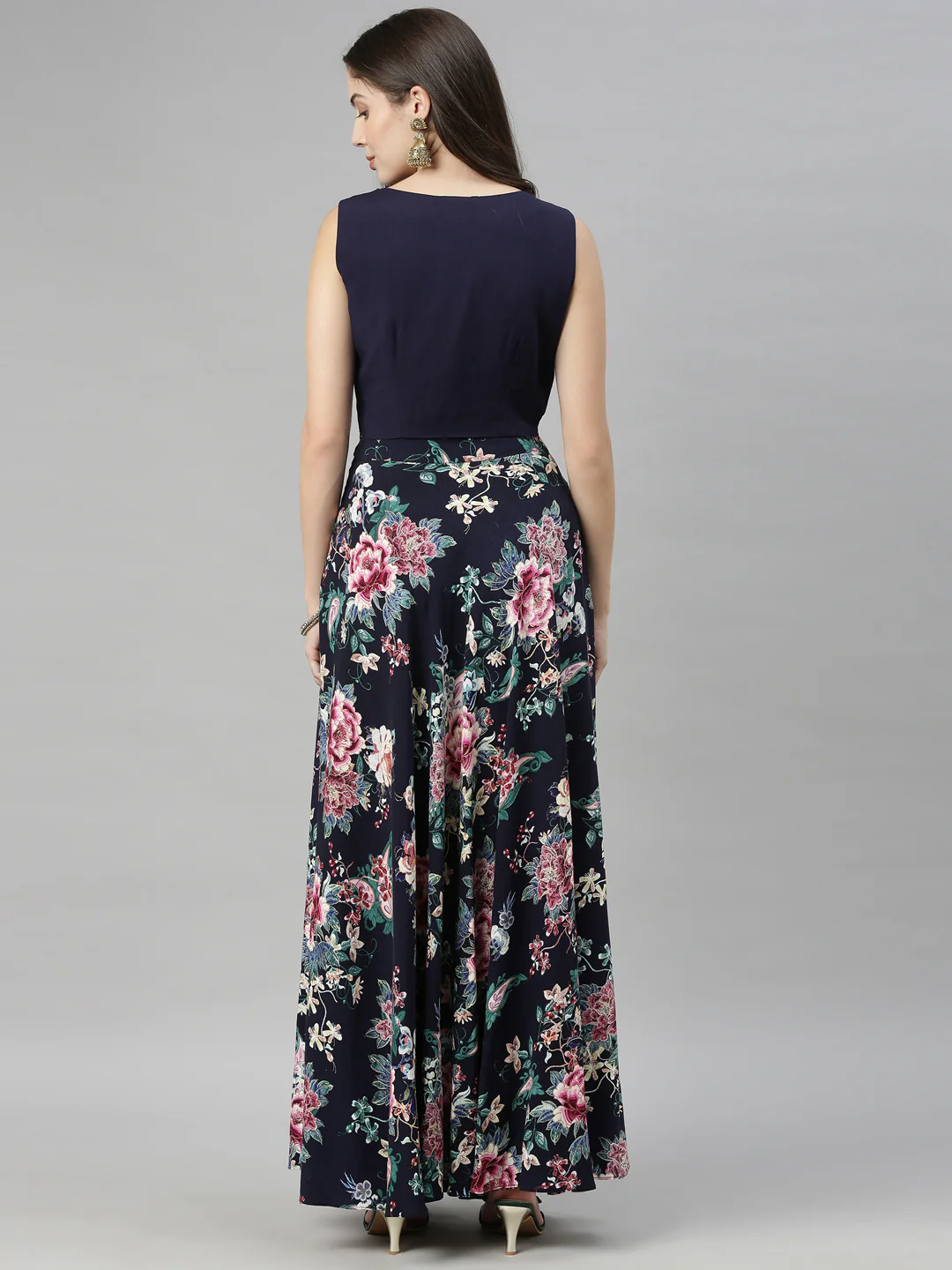 Neerus Navy Blue Color Slub Rayon Fabric Croptop-Skirt - Image 6