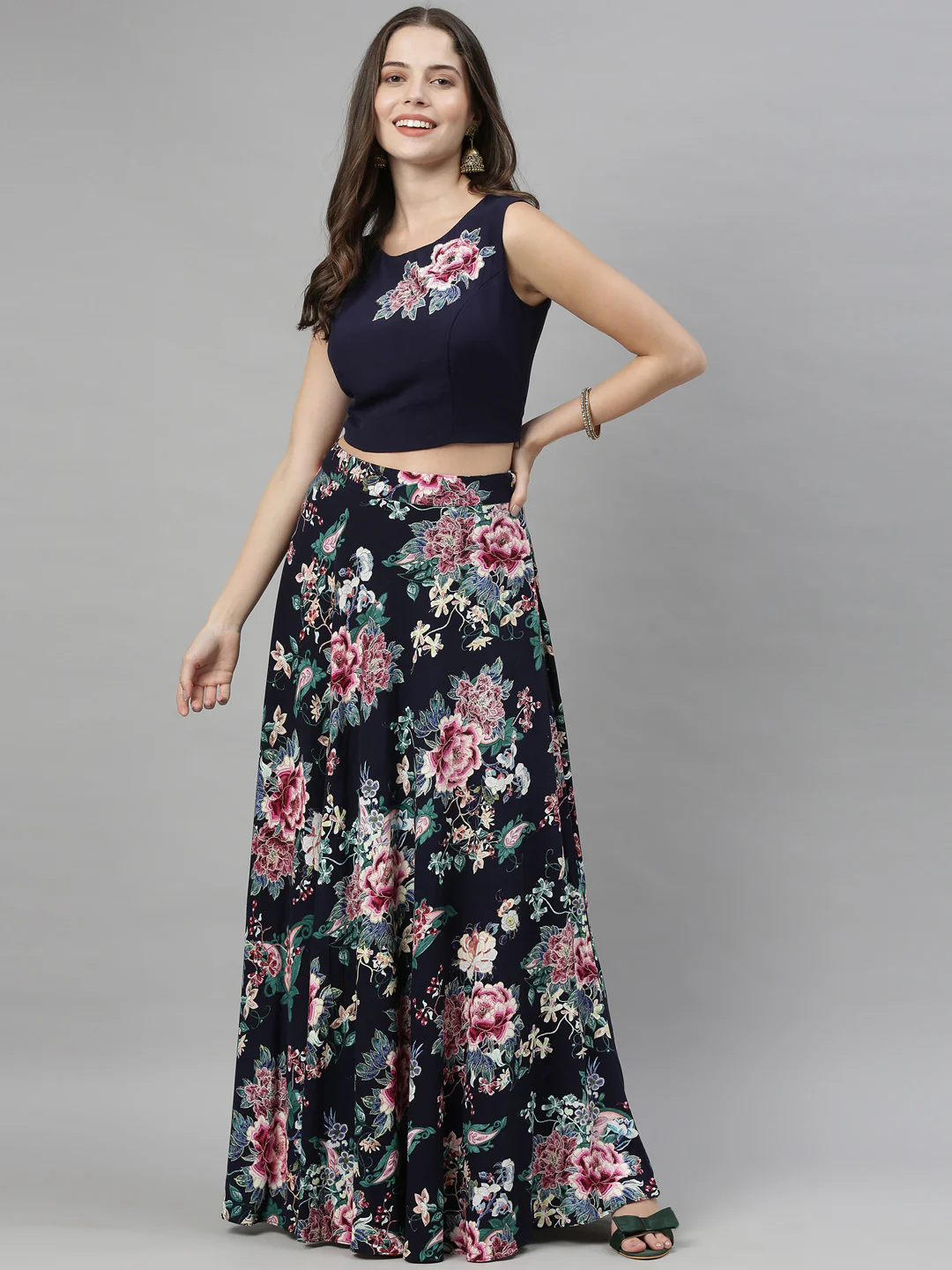 Neerus Navy Blue Color Slub Rayon Fabric Croptop-Skirt - Image 7