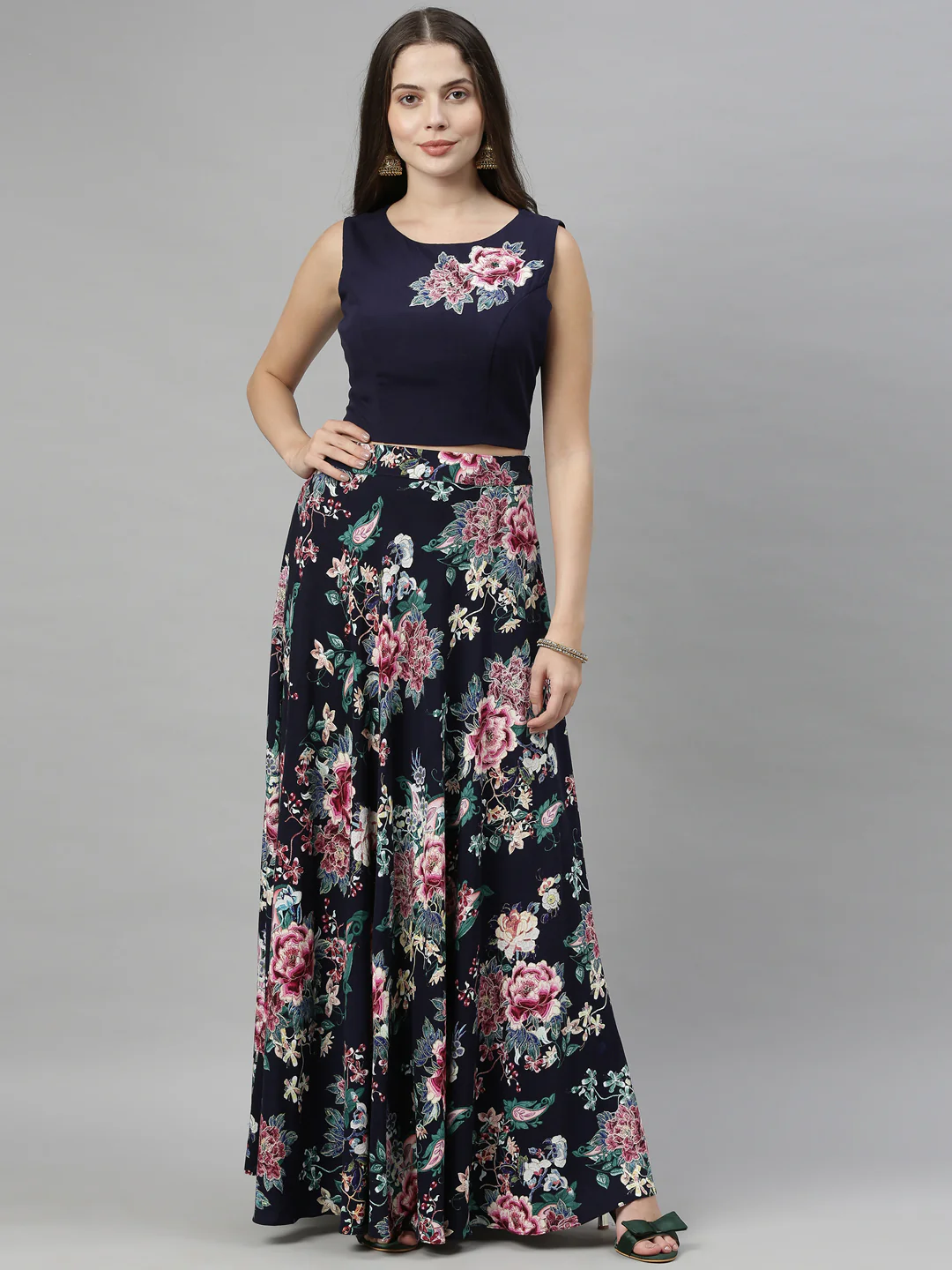 Neerus Navy Blue Color Slub Rayon Fabric Croptop-Skirt - Image 9