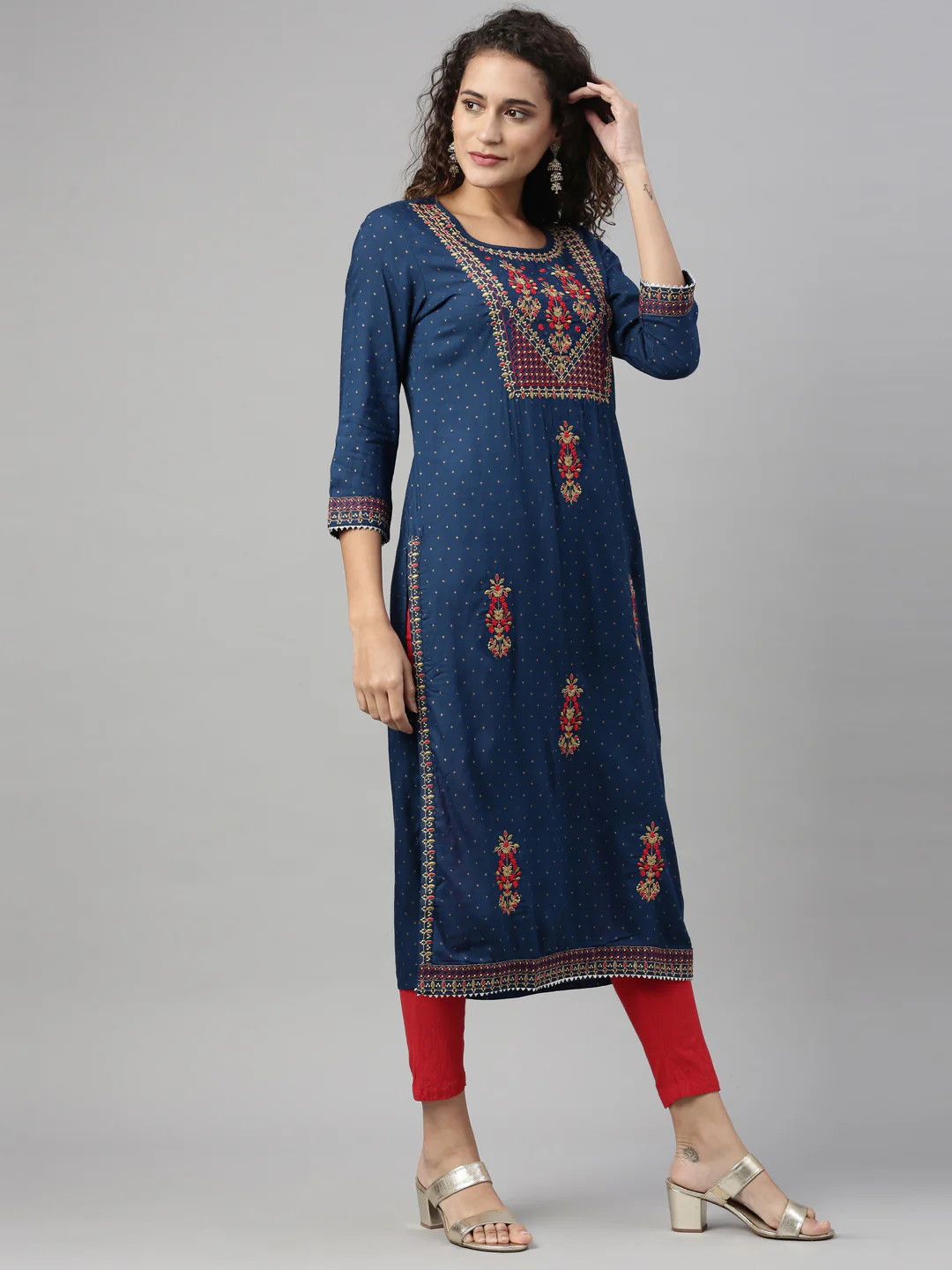 Neerus Navy Blue Color Slub Rayon Fabric Kurta