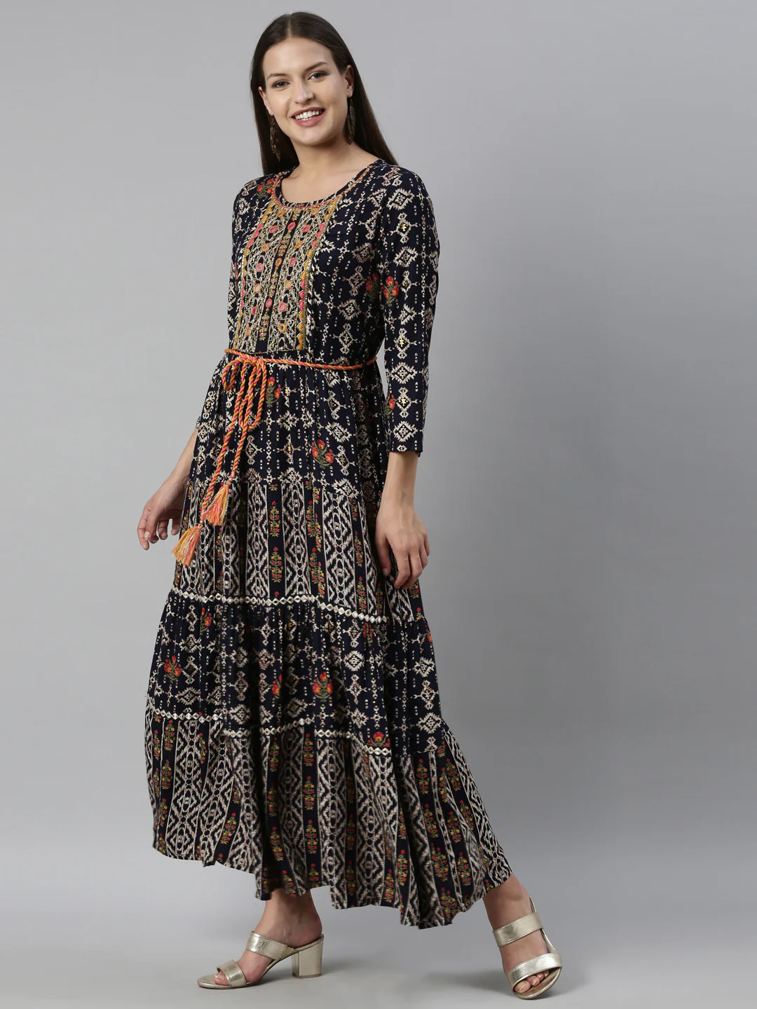 Neerus Navy Blue Color Slub Rayon Fabric Kurta - Image 3