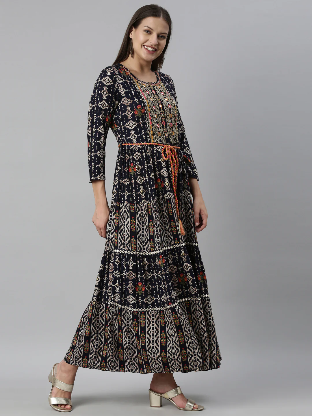 Neerus Navy Blue Color Slub Rayon Fabric Kurta - Image 4