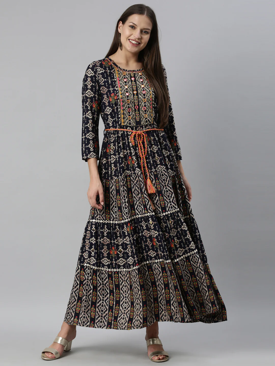 Neerus Navy Blue Color Slub Rayon Fabric Kurta - Image 6