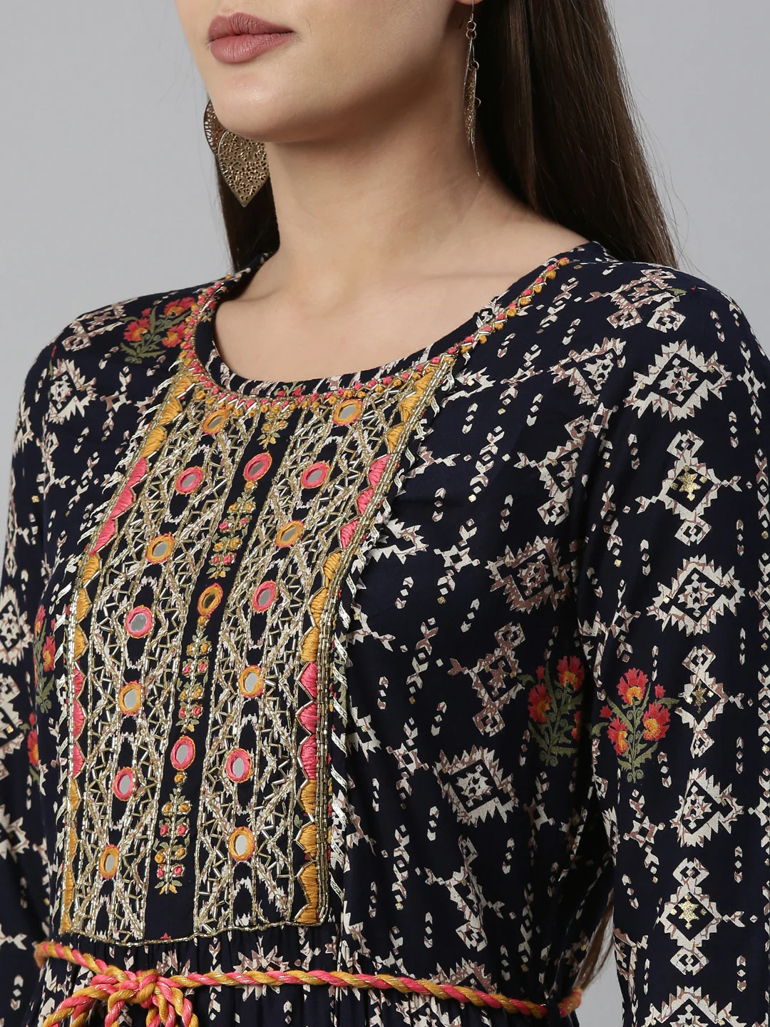 Neerus Navy Blue Color Slub Rayon Fabric Kurta - Image 7