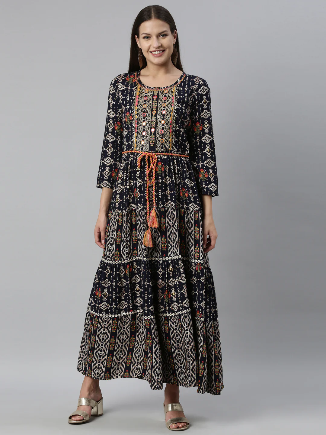 Neerus Navy Blue Color Slub Rayon Fabric Kurta - Image 8