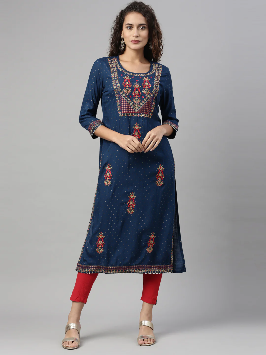 Neerus Navy Blue Color Slub Rayon Fabric Kurta - Image 7