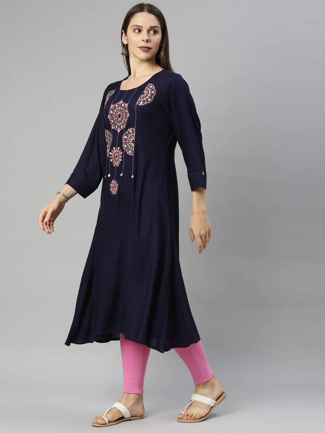 Neerus Navy Blue Color Slub Riyon Fabric Tunic - Image 4