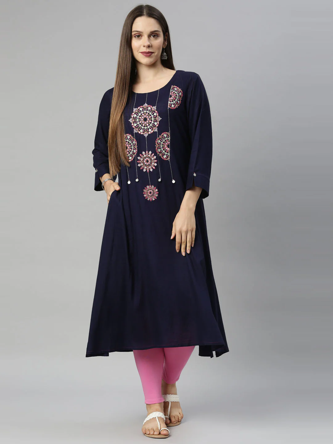Neerus Navy Blue Color Slub Riyon Fabric Tunic - Image 7