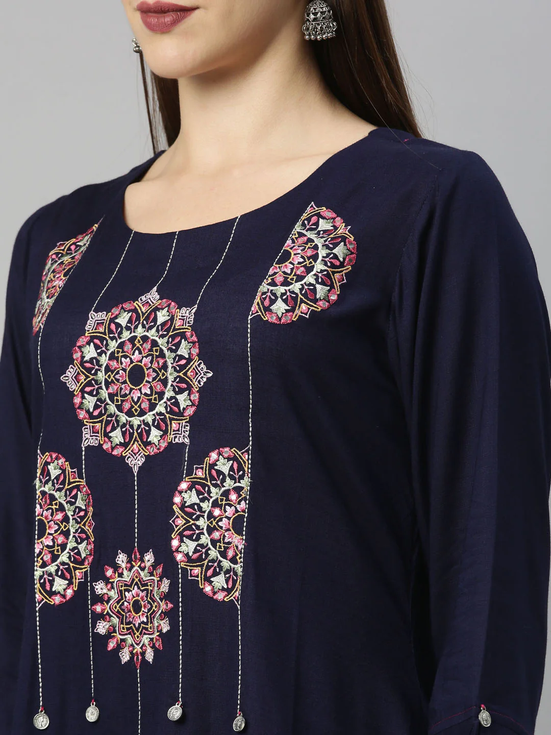 Neerus Navy Blue Color Slub Riyon Fabric Tunic - Image 8
