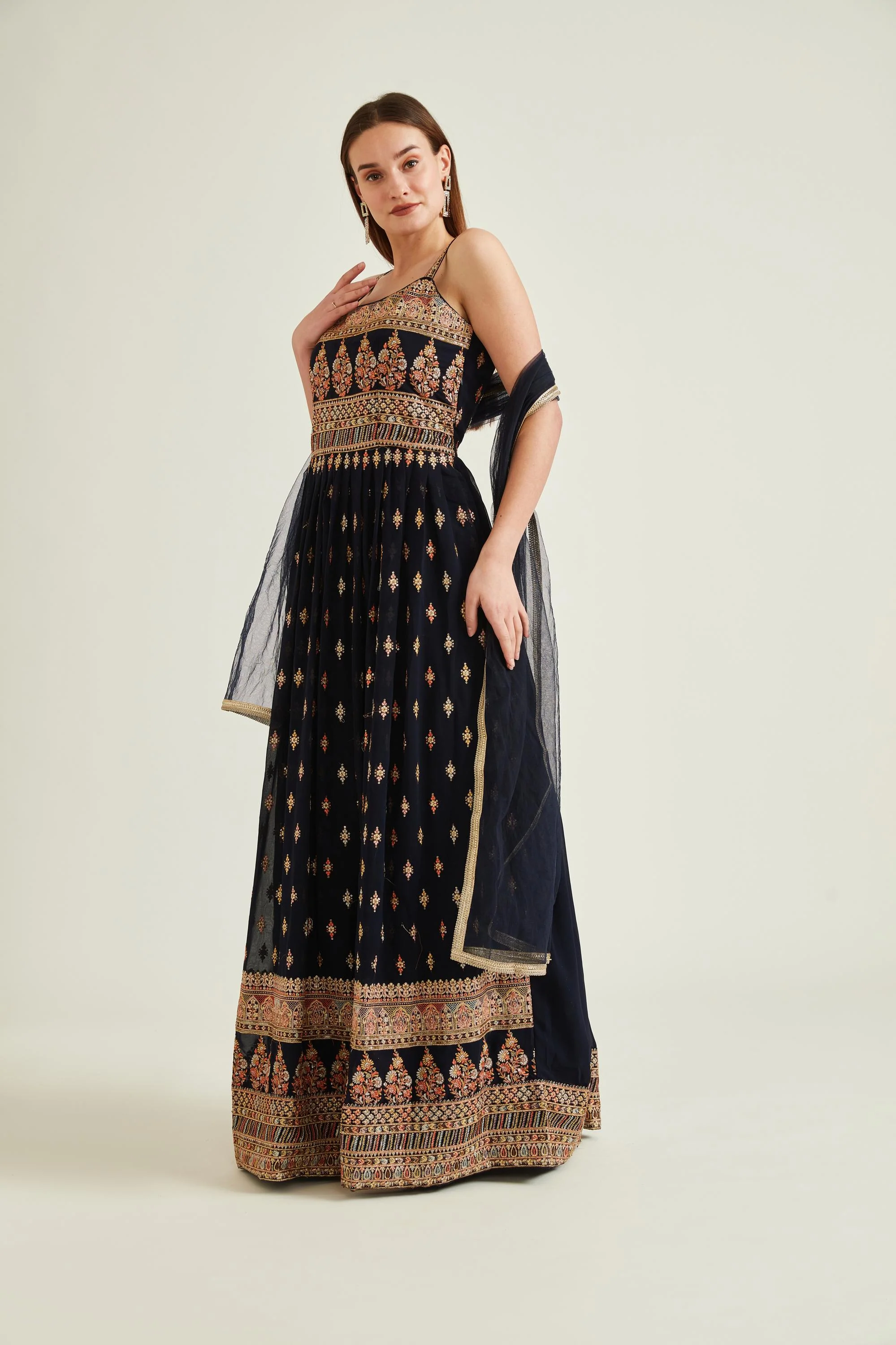 Neerus Navy Blue Colour Georgette Fabric Suit-Anarkali