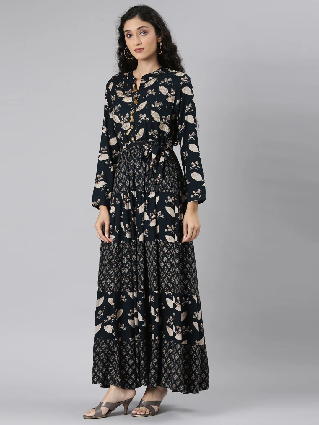 Neerus Navy Blue Curved Casual Floral Maxi Dresses - Image 2
