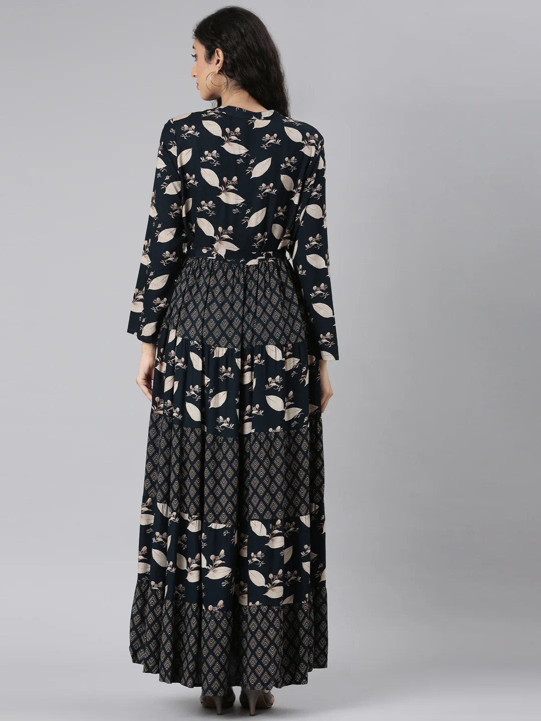 Neerus Navy Blue Curved Casual Floral Maxi Dresses - Image 4