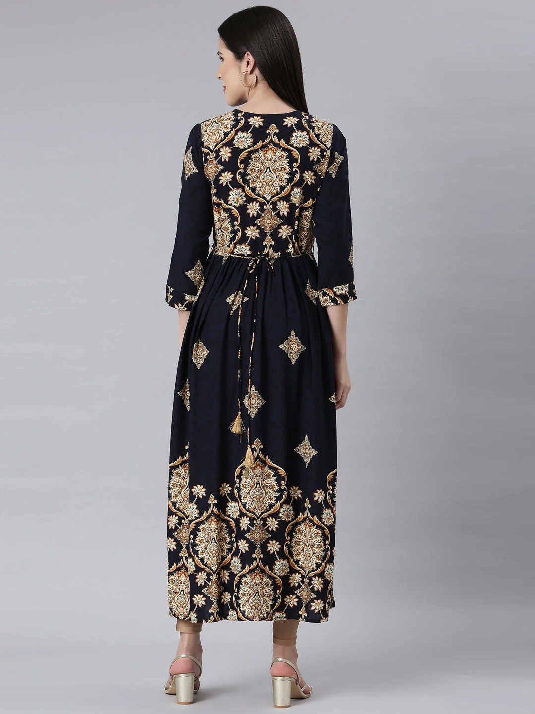 Neerus Navy Blue Curved Casual Floral Maxi Dresses - Image 3