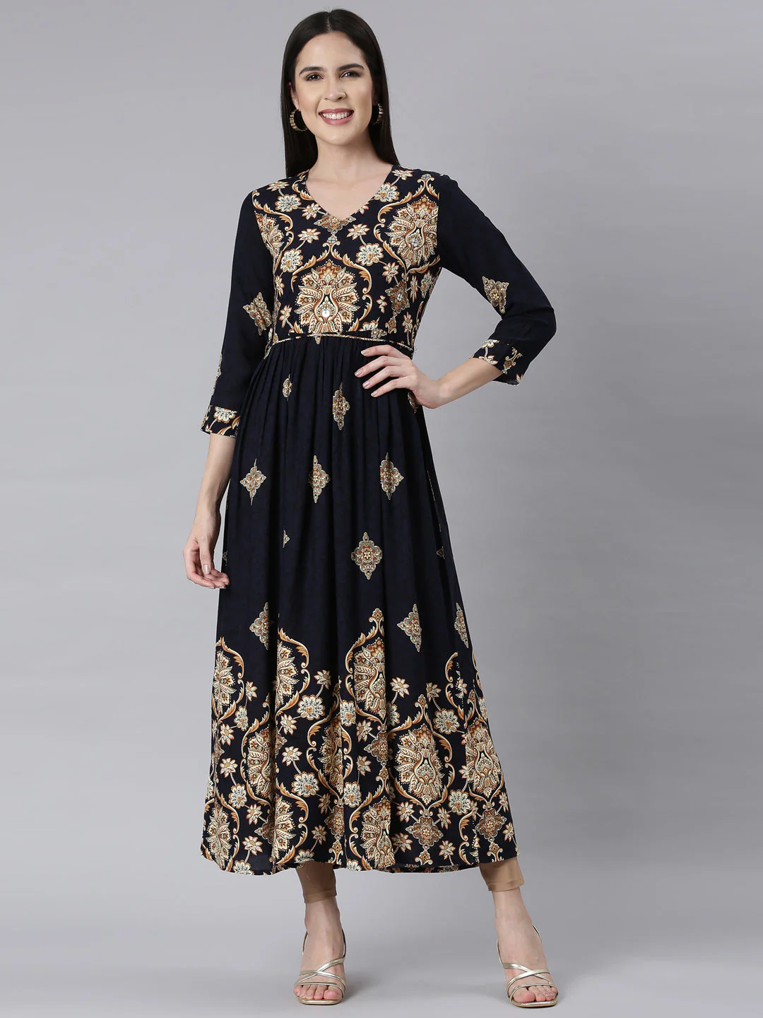 Neerus Navy Blue Curved Casual Floral Maxi Dresses - Image 4