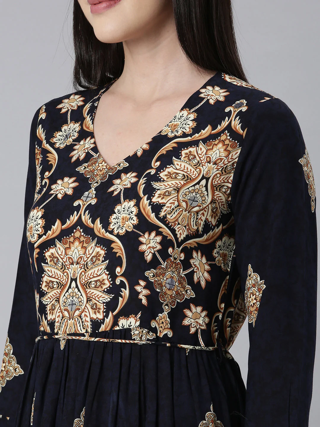 Neerus Navy Blue Curved Casual Floral Maxi Dresses - Image 5