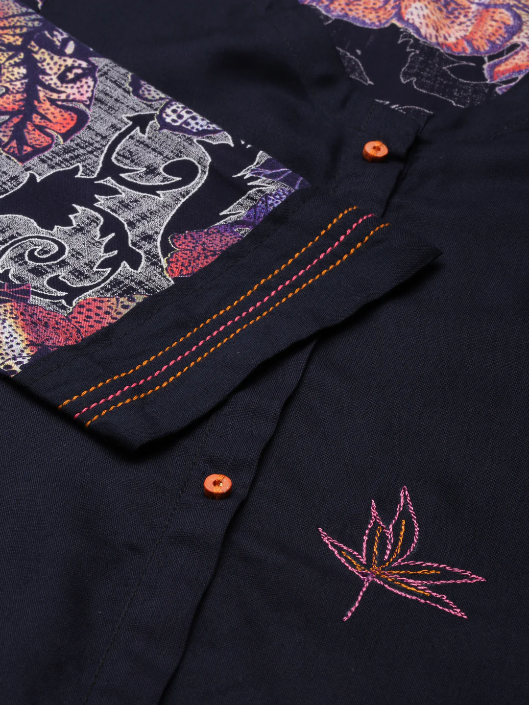 Neerus Navy Blue Curved Printed Viscose Rayon Kurta - Image 4