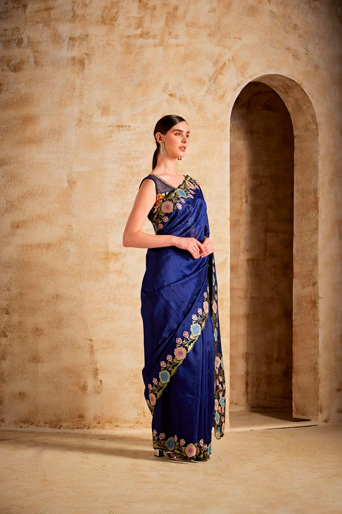 Neerus Navy Blue Dupion Fabric Saree - Image 2