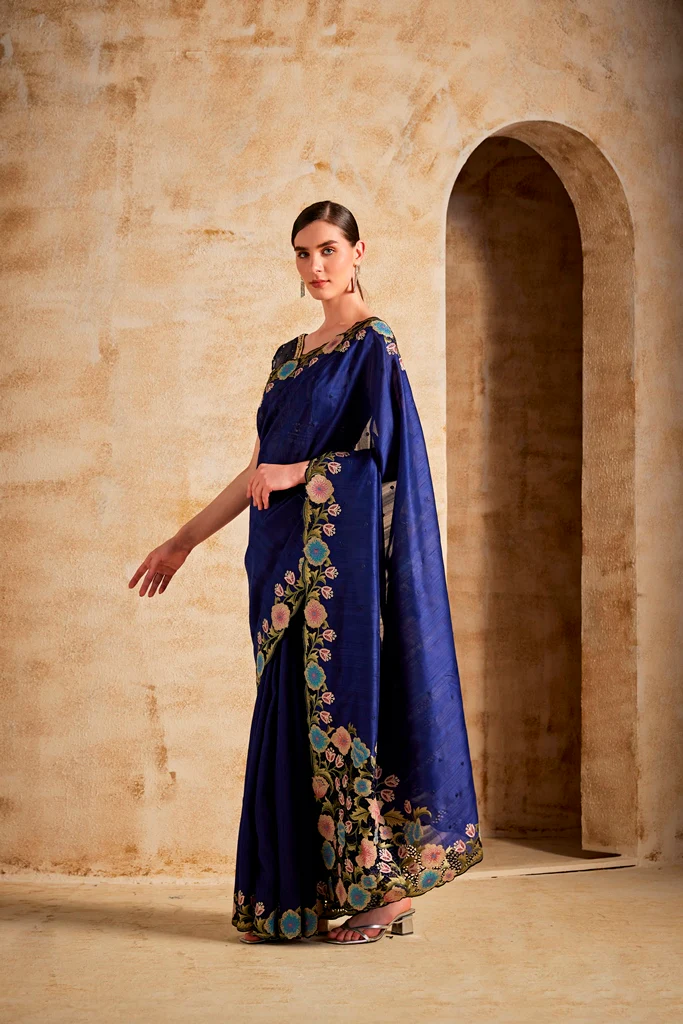 Neerus Navy Blue Dupion Fabric Saree - Image 3