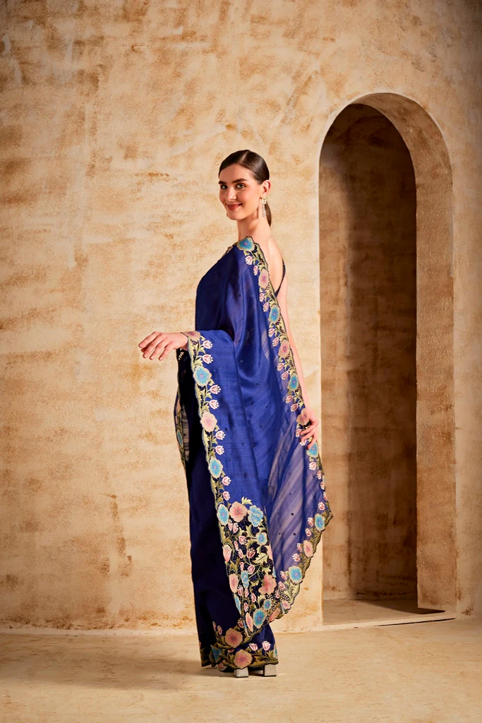 Neerus Navy Blue Dupion Fabric Saree - Image 4
