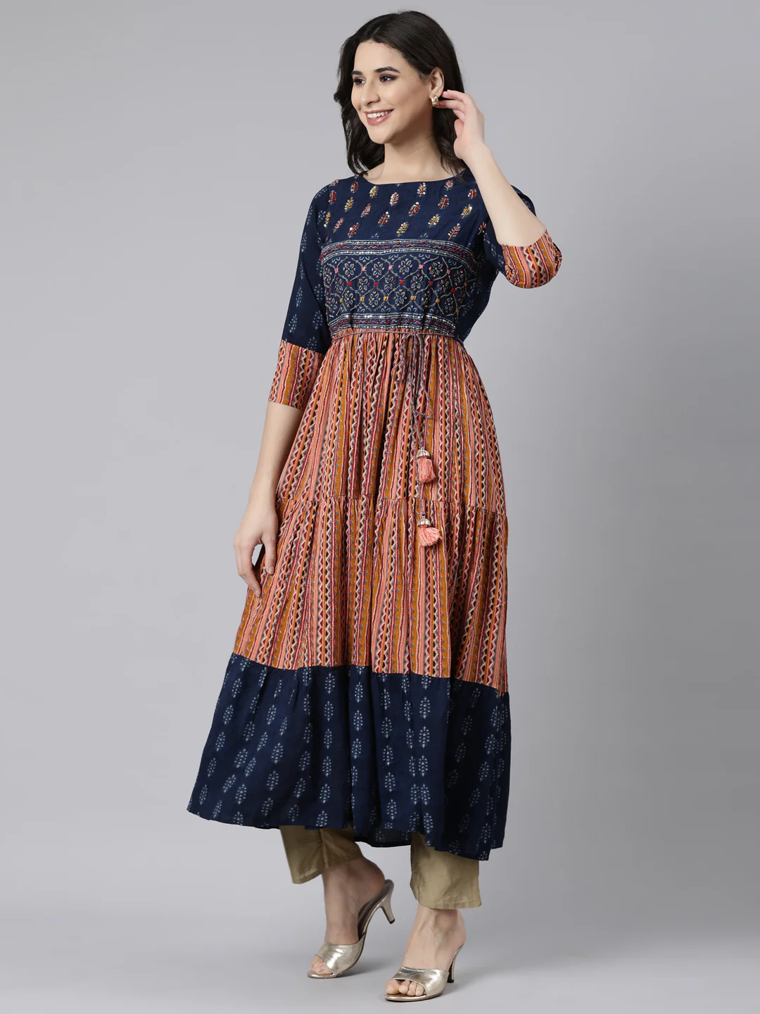 Neerus Navy Blue Flared Casual Chevron Maxi Dresses - Image 2