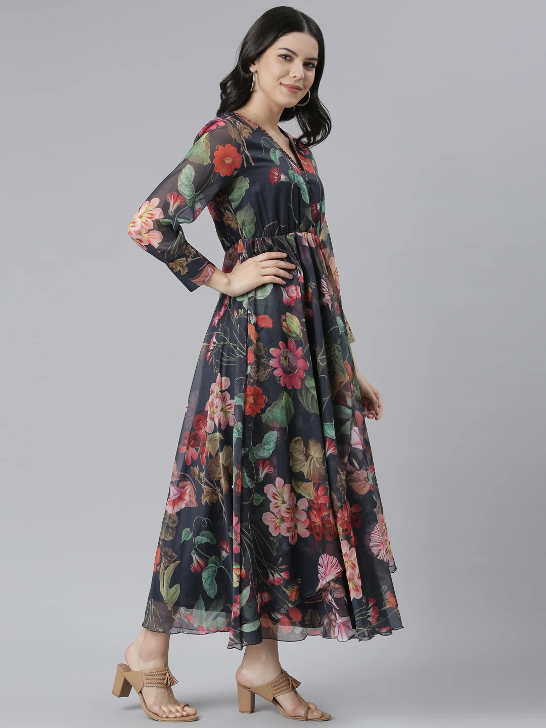 Neerus Navy Blue Flared Casual Floral Dresses - Image 2