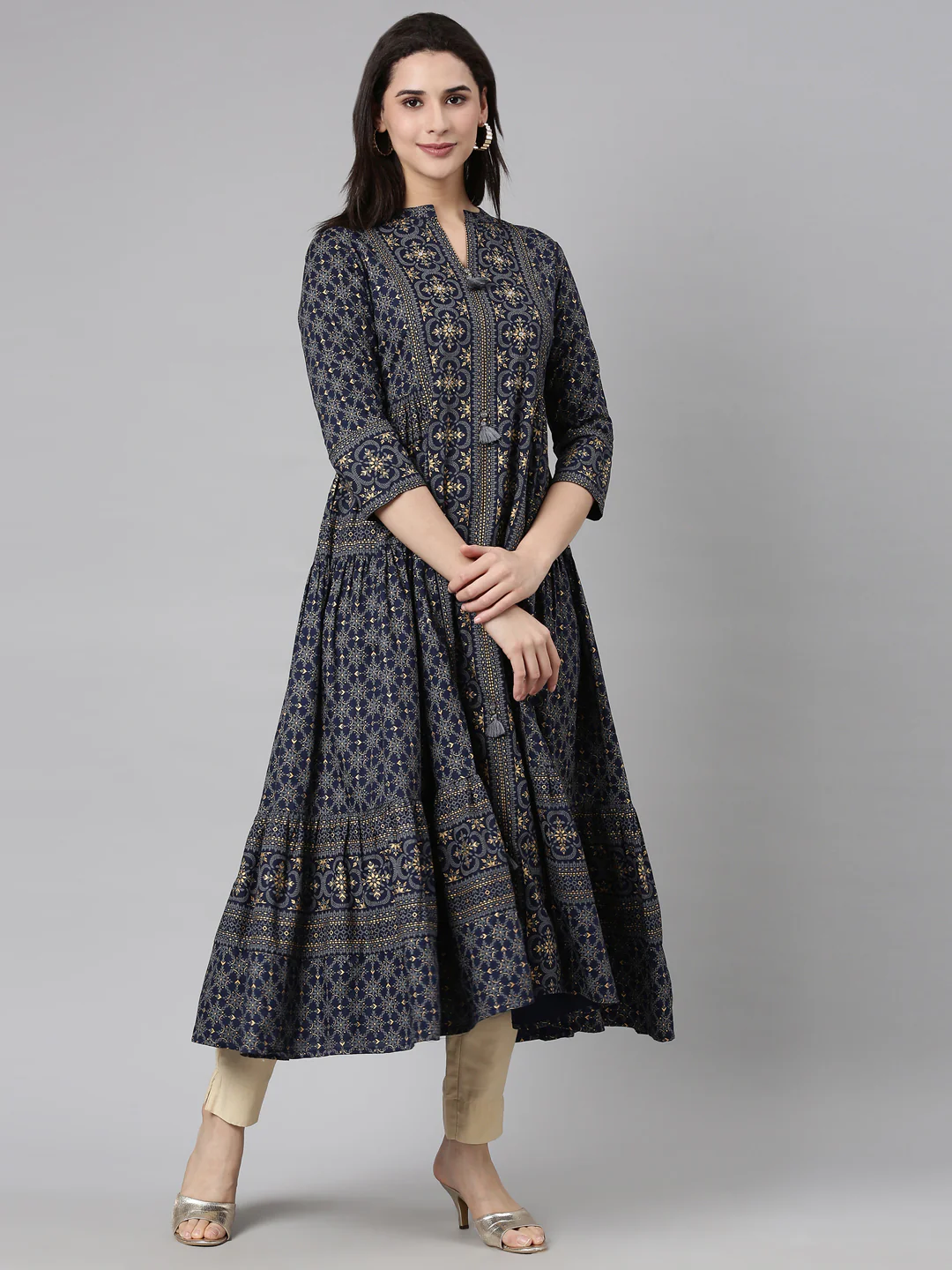 Neerus Navy Blue Flared Casual Floral Maxi Dresses - Image 2
